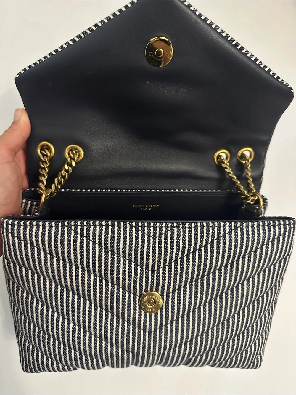 Saint Laurent LouLou Denim Striped Quilted Shoulder Bag with Gold Hardware